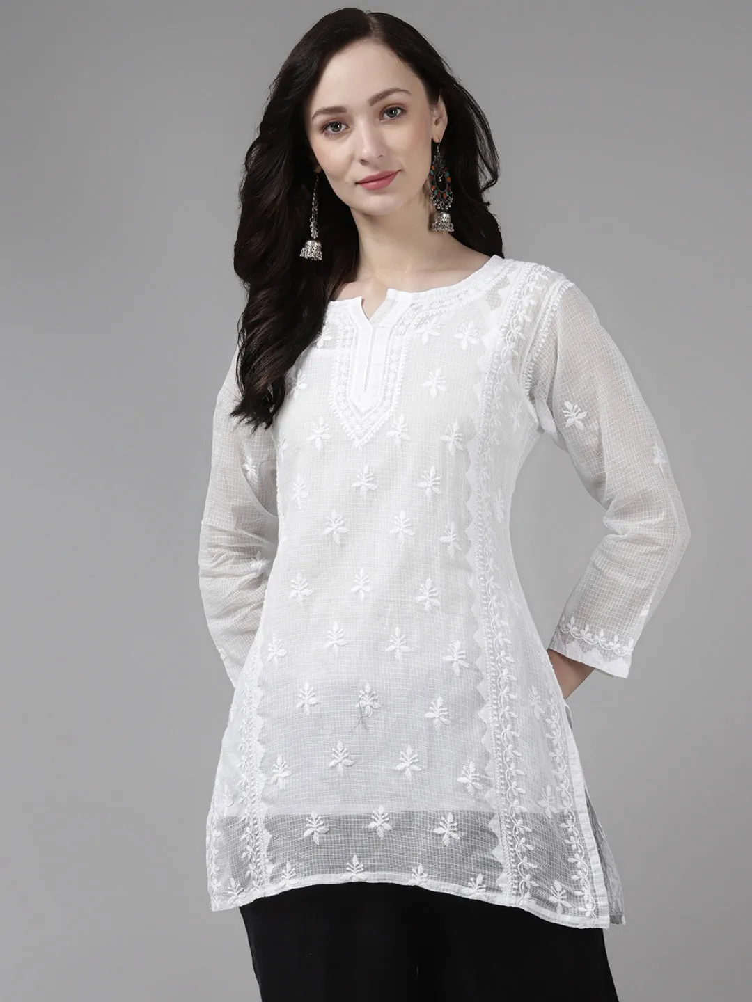 White Kota Lucknowi Chikankari Tunic With Inner Slip