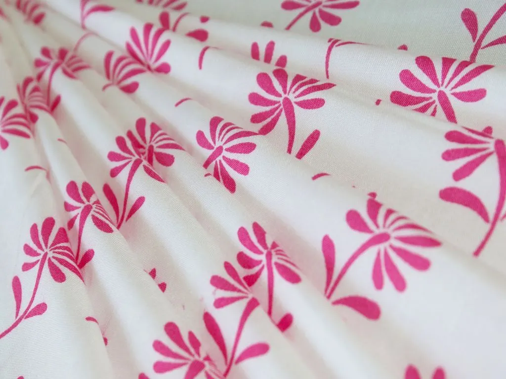 White Pink Flowers Pure Viscose Rayon Fabric