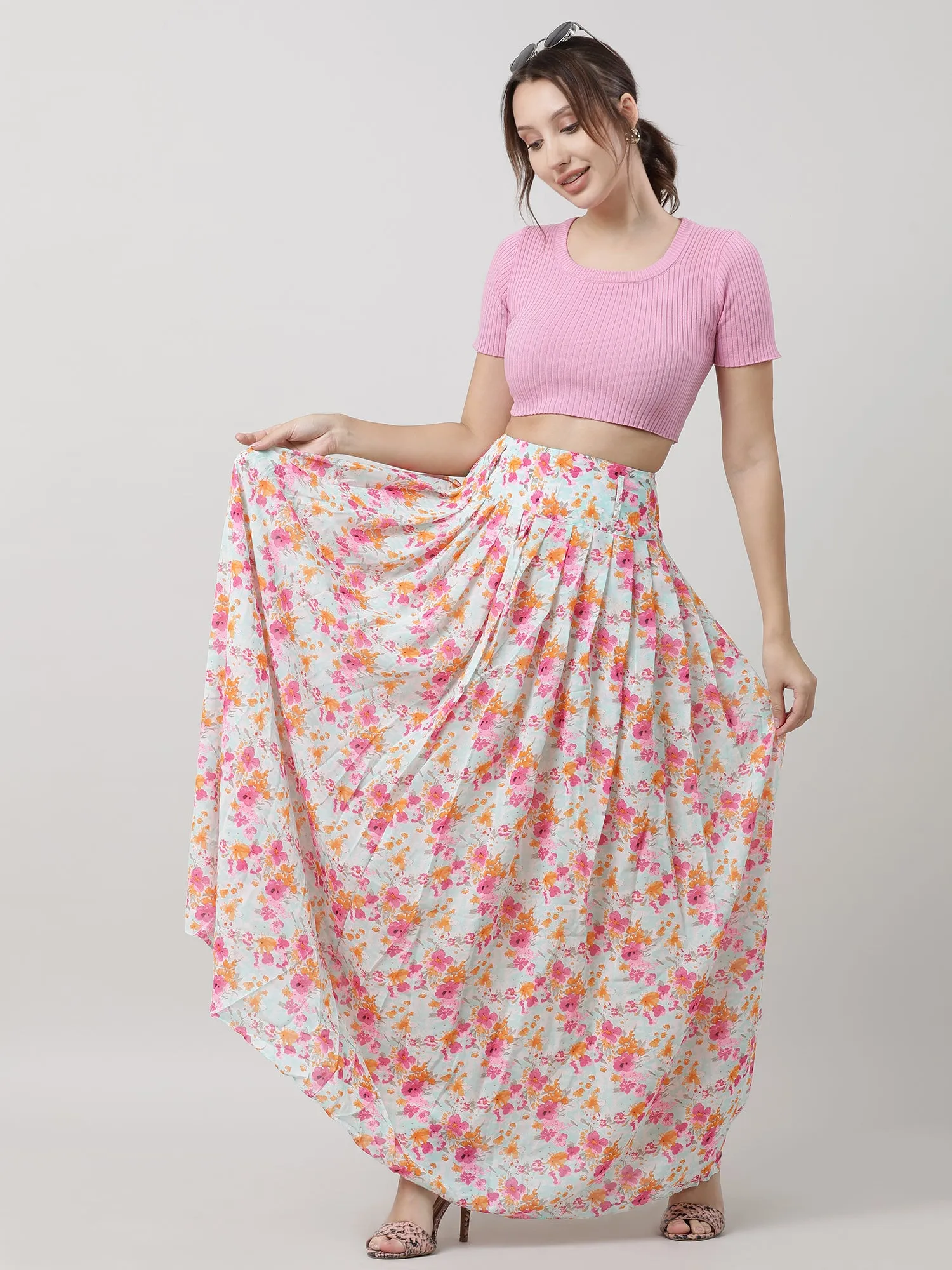 Women Relaxed Fit Floral Print Pink Maxi Skirt