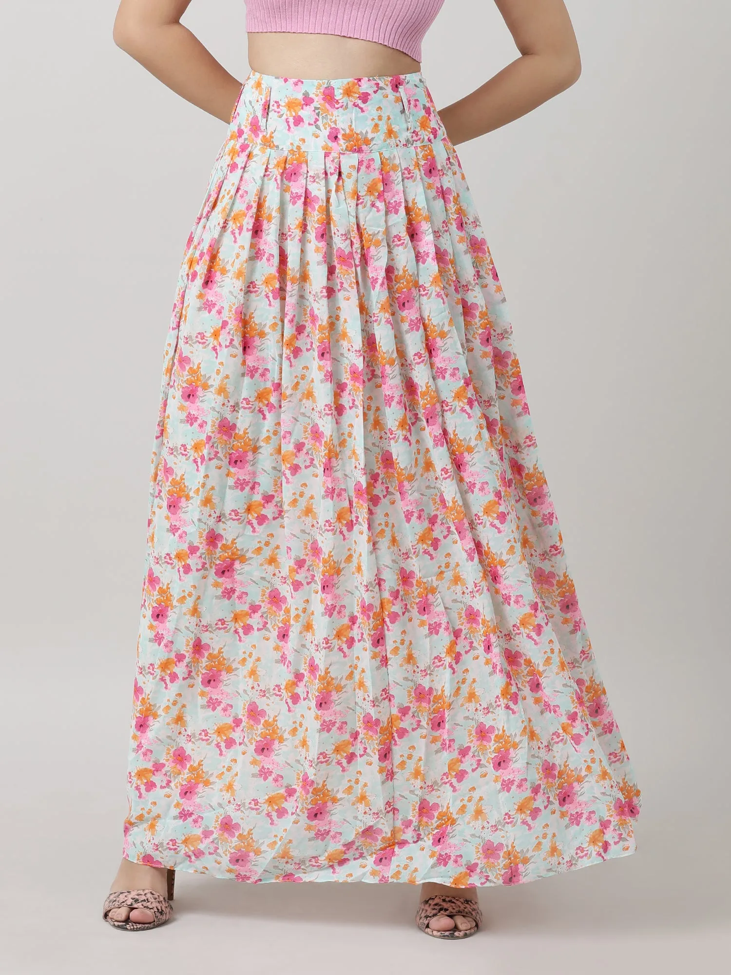Women Relaxed Fit Floral Print Pink Maxi Skirt