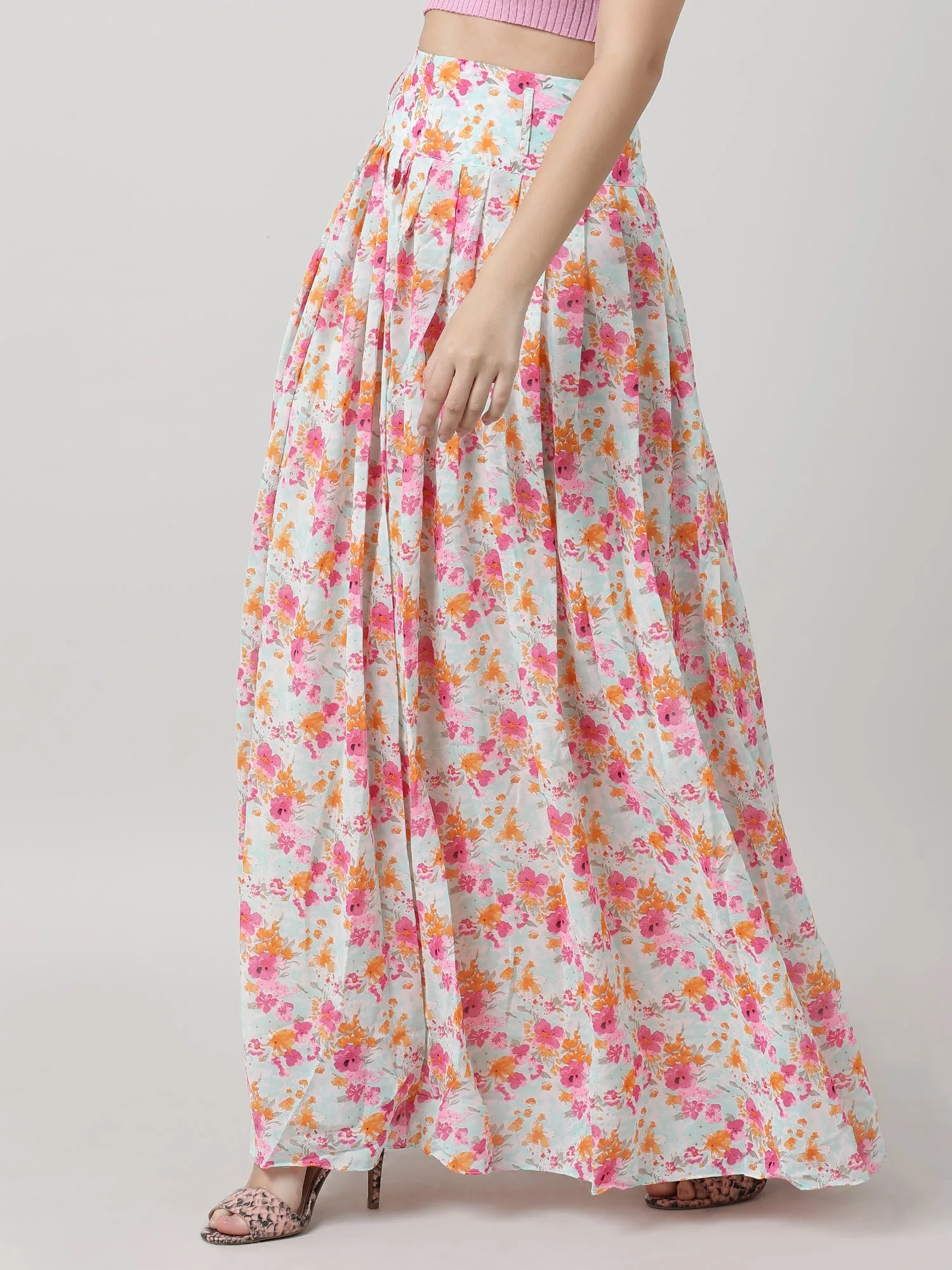 Women Relaxed Fit Floral Print Pink Maxi Skirt