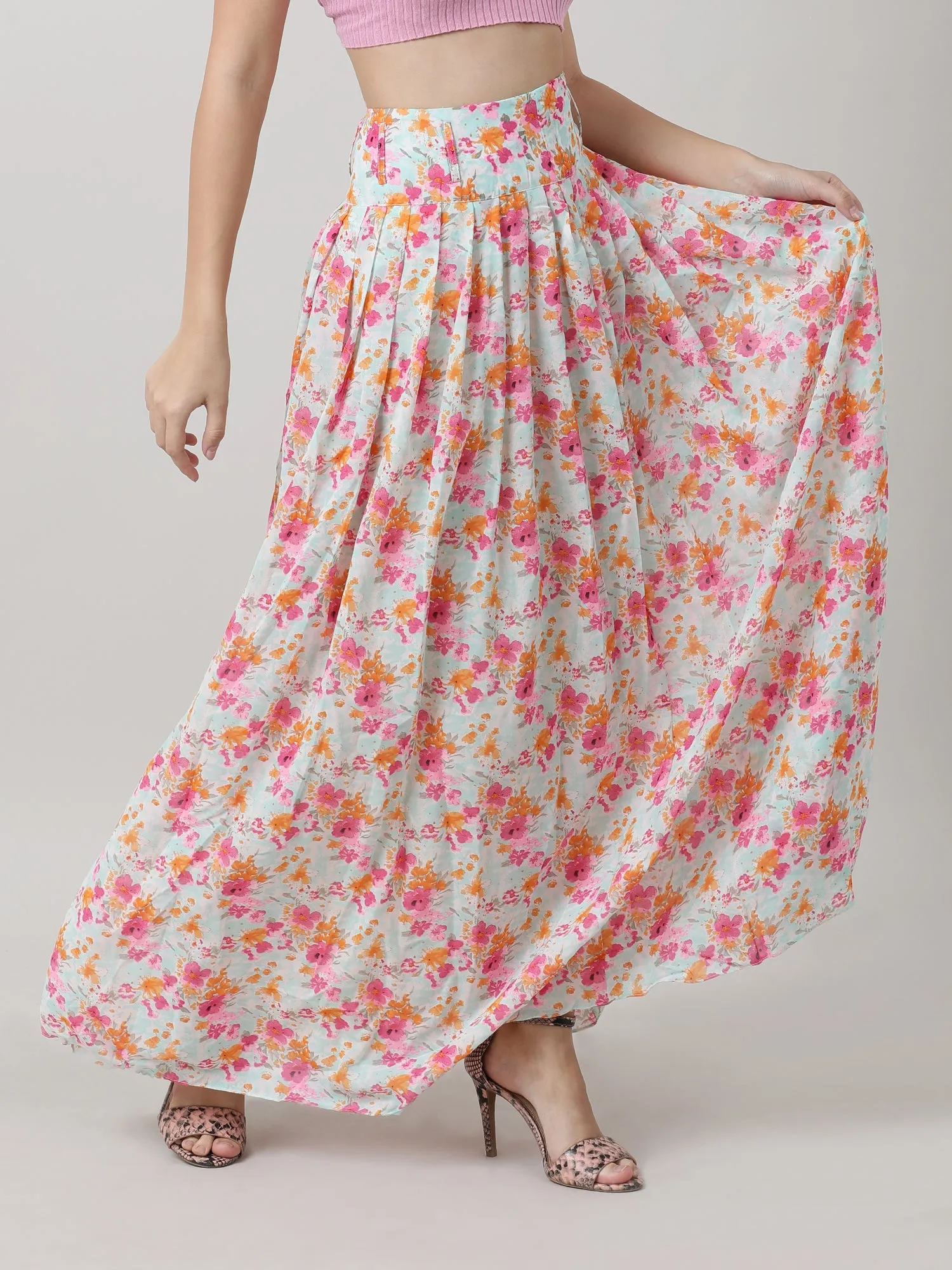 Women Relaxed Fit Floral Print Pink Maxi Skirt