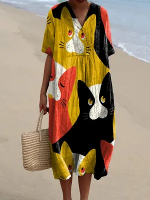 Women's Cat Contrasting Color Geometry Art Print Flowy Dress