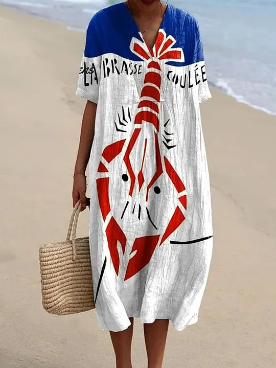 Women's Vintage Lobster Art Print Flowy Dress