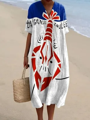 Women's Vintage Lobster Art Print Flowy Dress