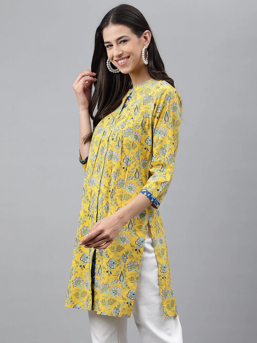 Yellow Cotton Floral Print Empire Tunic Top