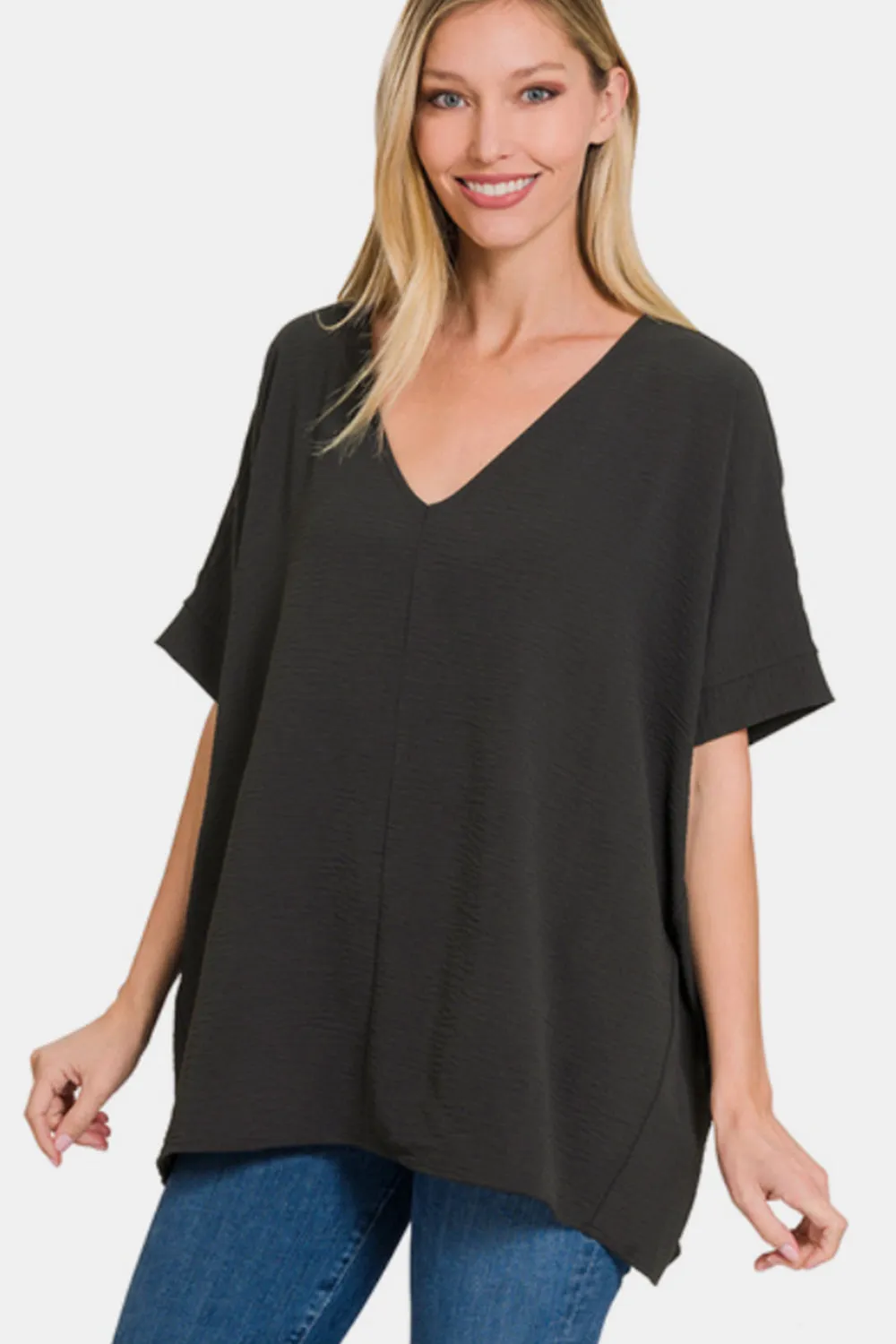 Zenana Black Airflow V-Neck Short Sleeve Top