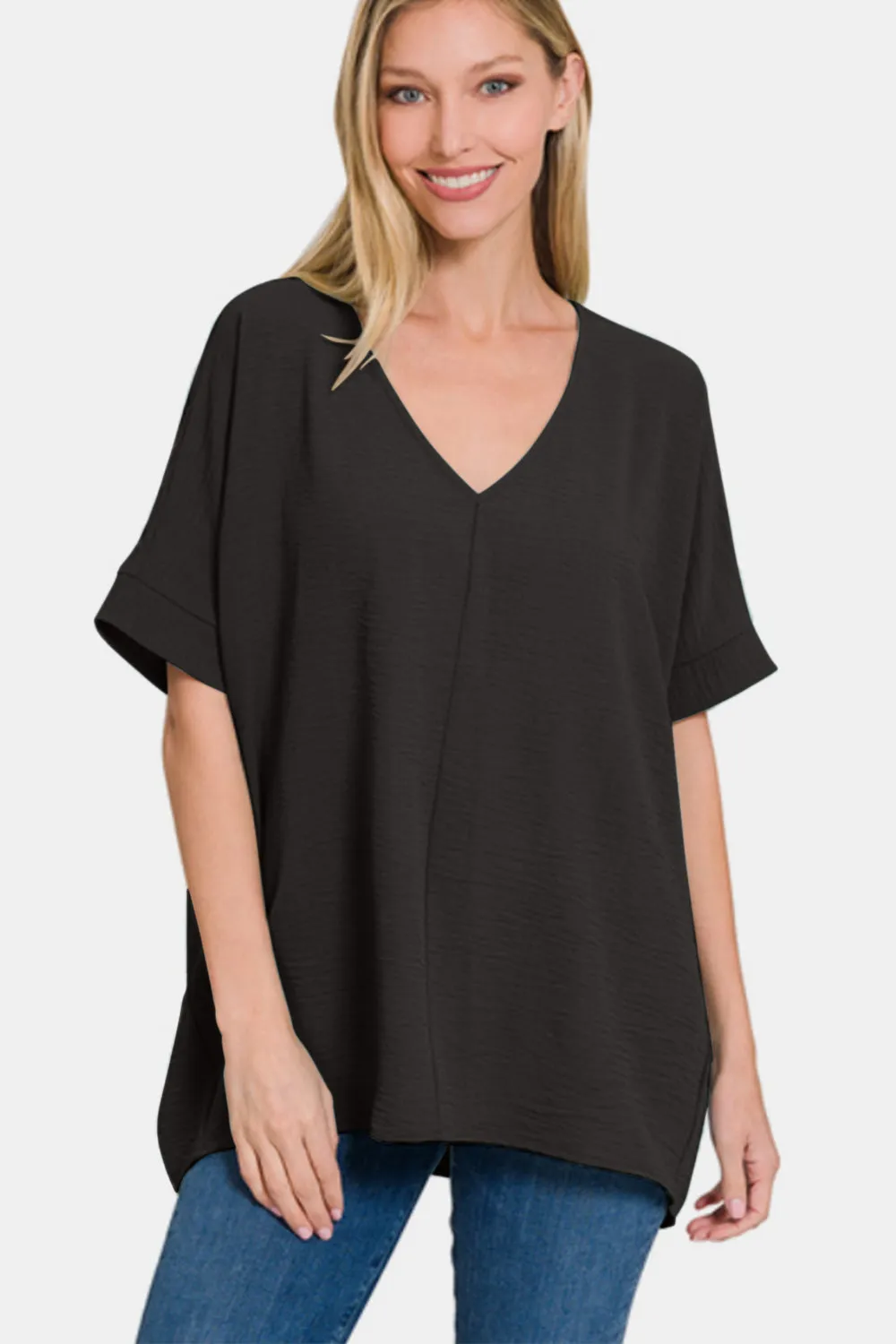 Zenana Black Airflow V-Neck Short Sleeve Top