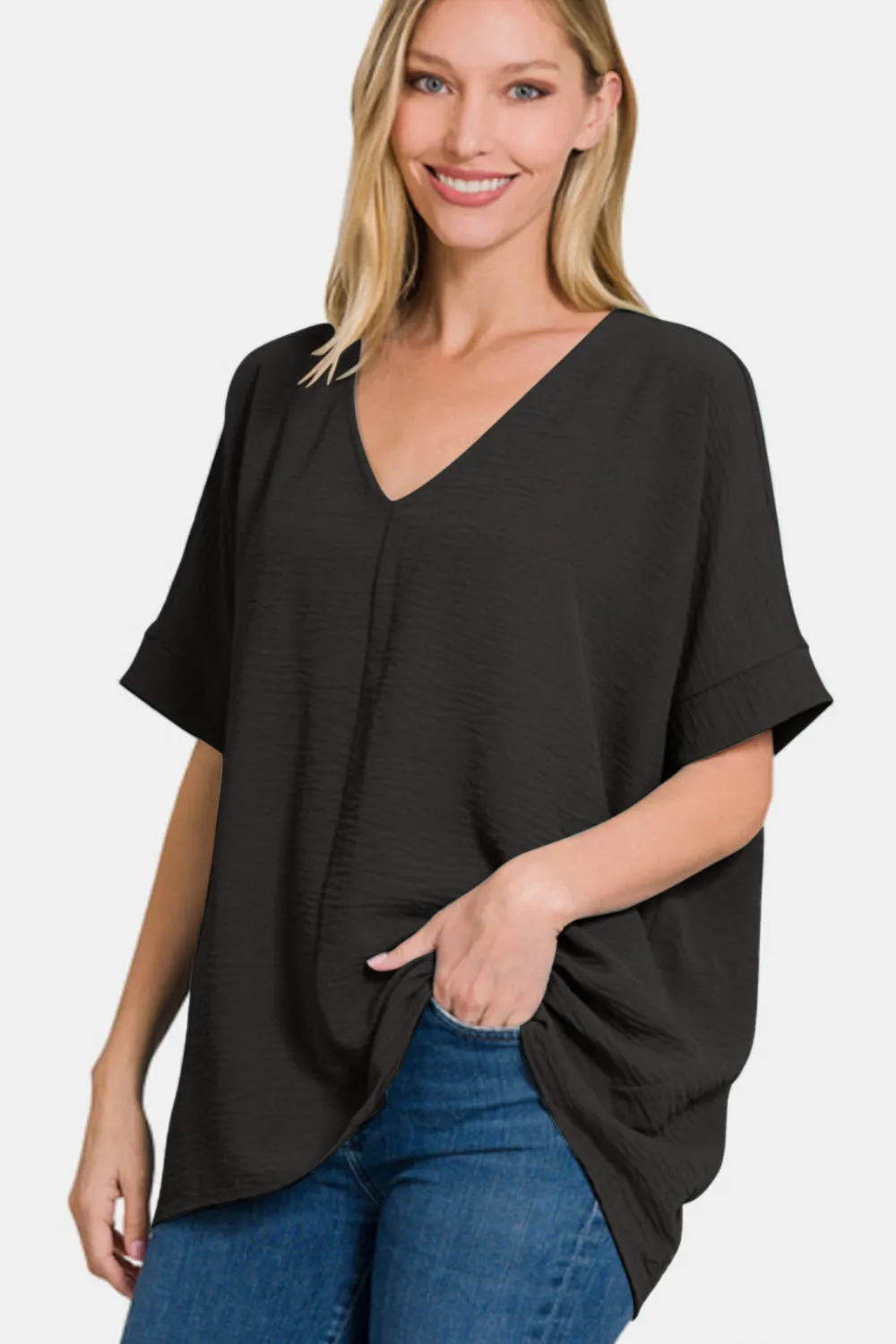 Zenana Black Airflow V-Neck Short Sleeve Top