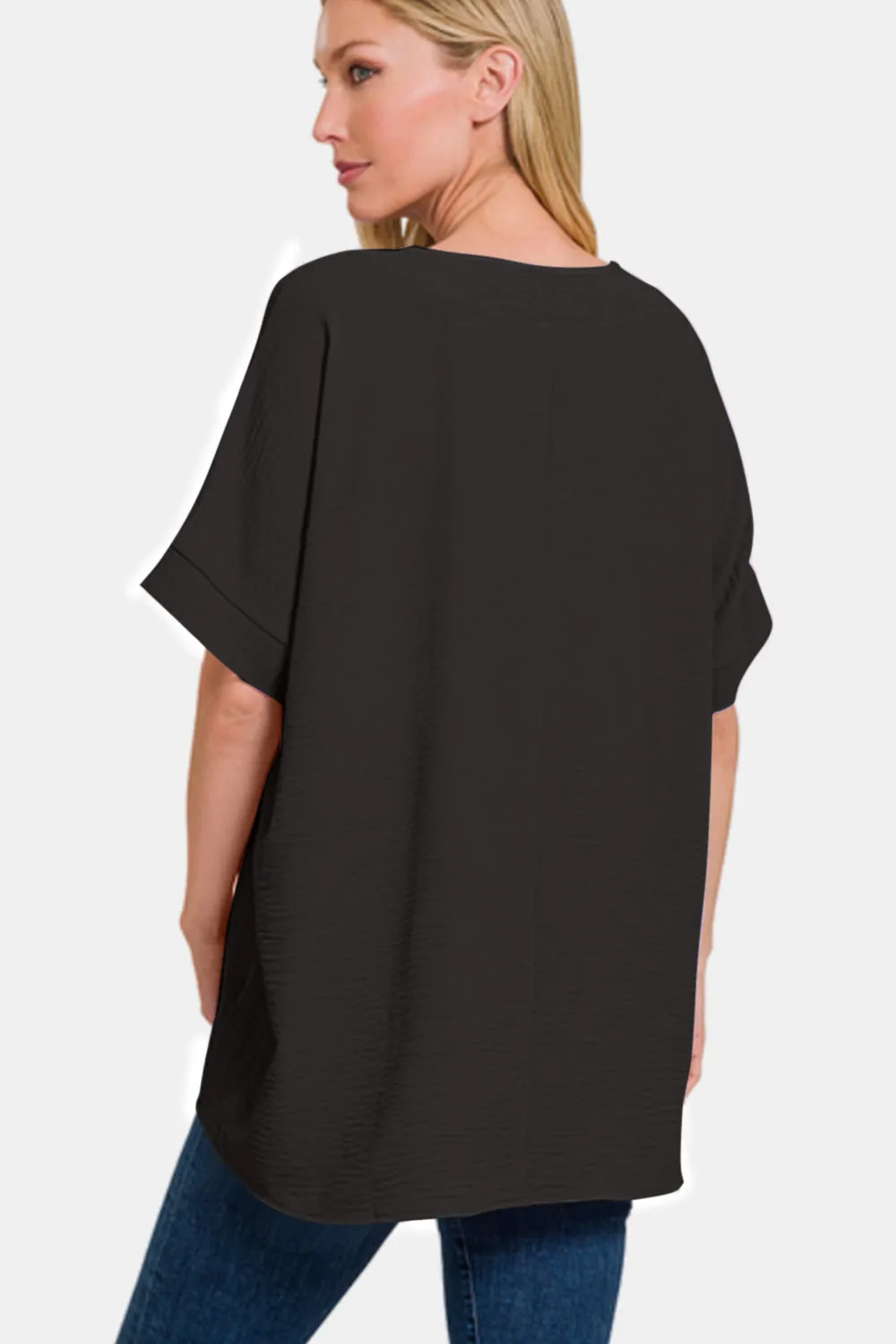 Zenana Black Airflow V-Neck Short Sleeve Top