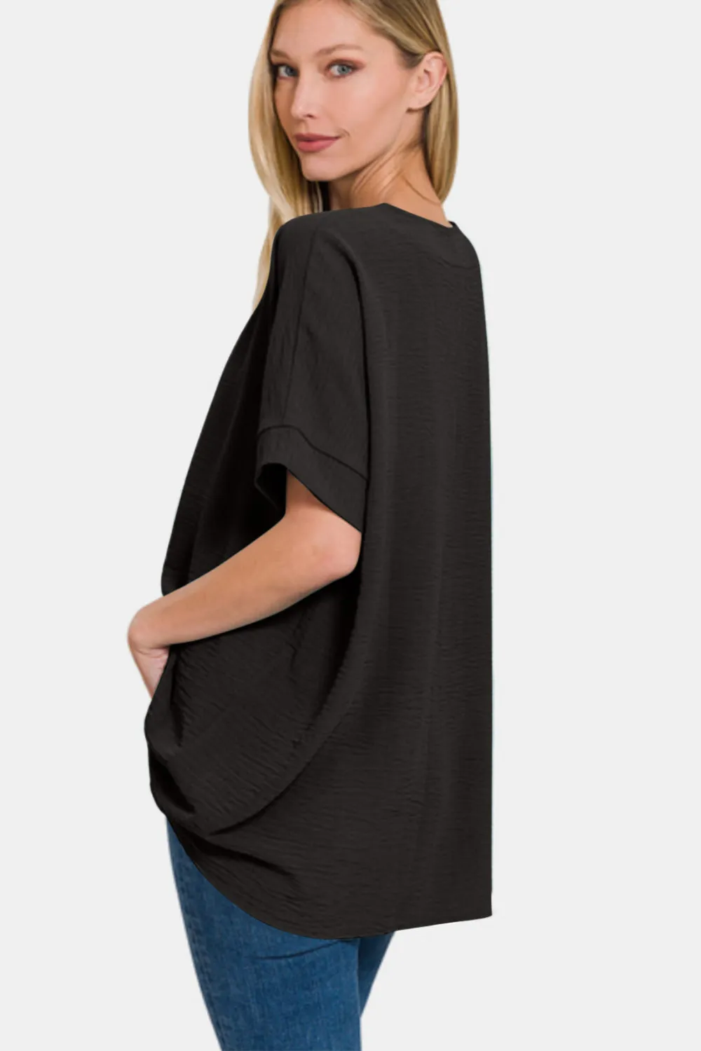 Zenana Black Airflow V-Neck Short Sleeve Top
